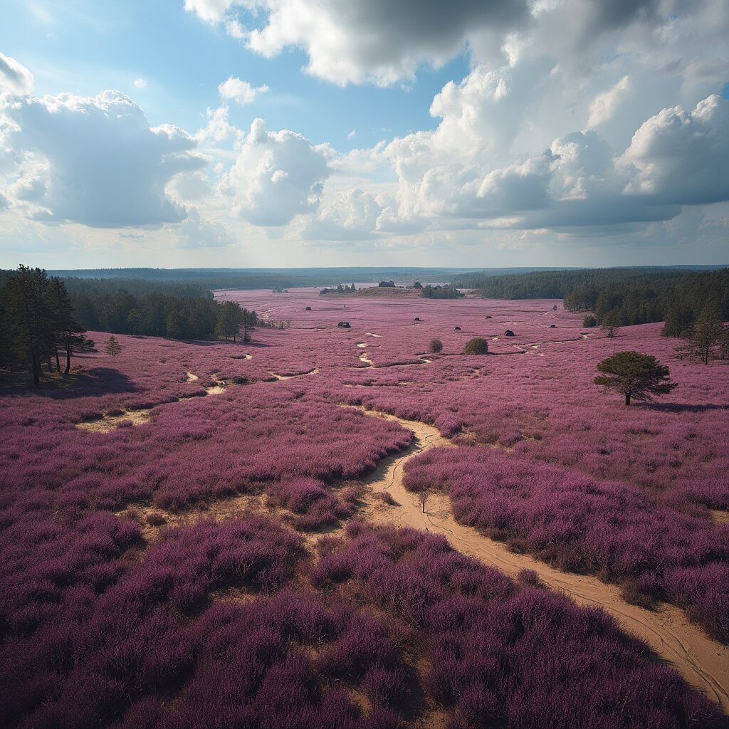 Aerial view of the Dwingelderveld landscape in Drenthe, Netherlands, featuring purple heather moorland, ancient juniper trees, winding sandy paths, fluffy clouds, dense pine forests, and traditional wooden sheep shelters.