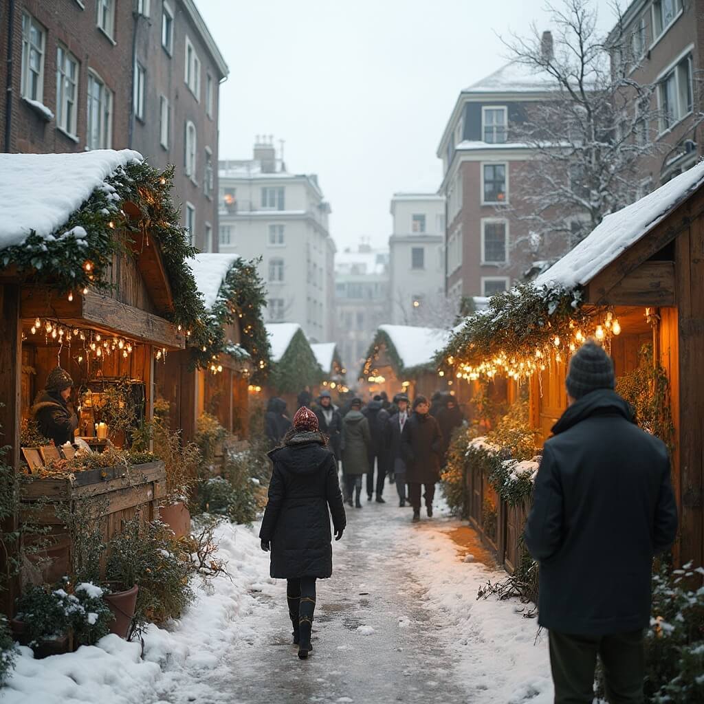 Winter in Tilburg: Een Magisch Seizoen Vol Beleving en Plezier Duurzaam winterfestival in een Nederlandse stad met ecovriendelijke kraampjes, plantaardige catering, een gemeenschapsbijeenkomst, versieringen van gerecyclede materialen, moderne winterse stedelijke omgeving, mensen in warme kleding, zachte natuurlijke belichting, groene designelementen en een gemeenschapsgerichte winterse sfeer.