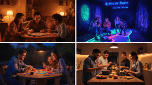 A vibrant split-screen image illustrating evening activities: a cozy group playing board games, friends solving puzzles in an escape room, people at a neon-lit outdoor minigolf course, and a group cooking in a warm-lit kitchen, all conveying an energetic yet intimate mood.