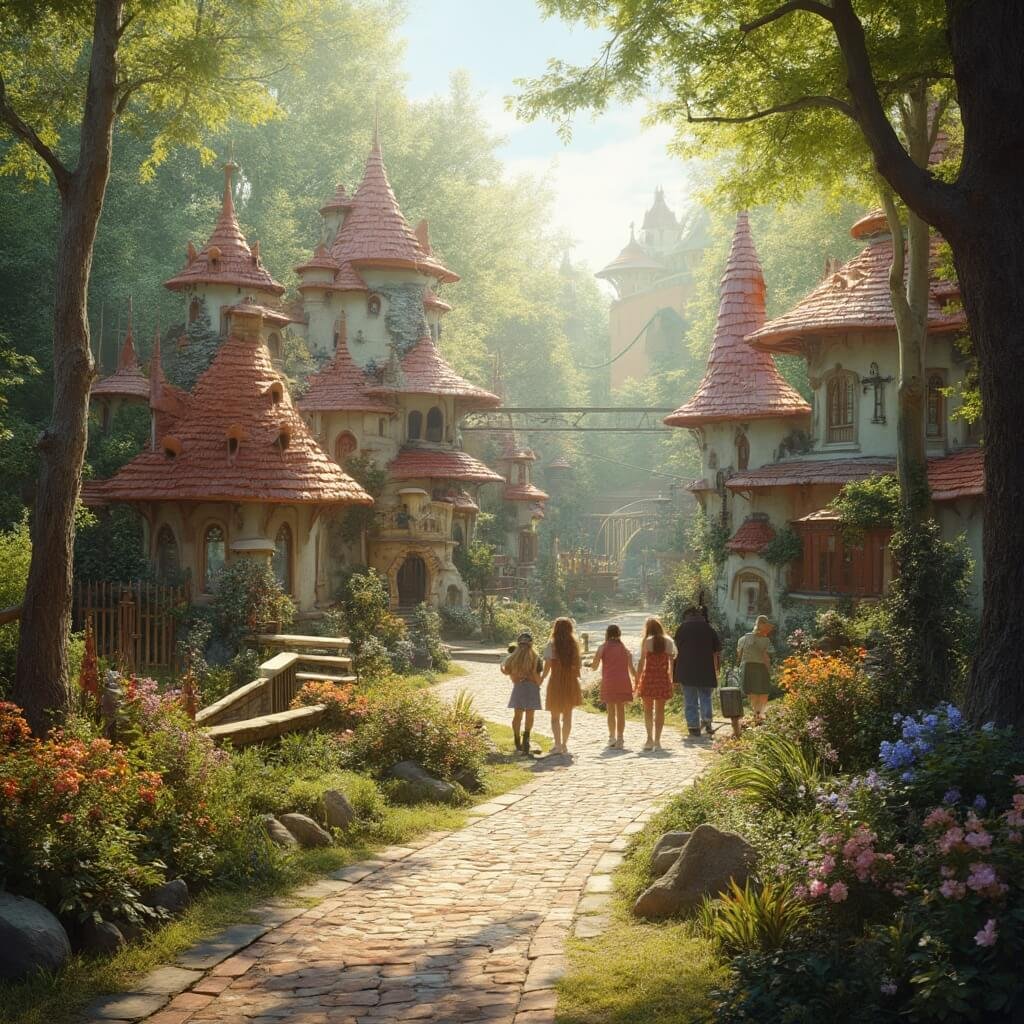 A whimsical fairy tale theme park scene featuring enchanted forest pathways, colorful storybook castles, mushroom houses, and families strolling along cobblestone paths, illuminated by warm sunlight filtering through lush trees, with fantasy creatures and vibrant flower beds enhancing the dreamlike atmosphere.