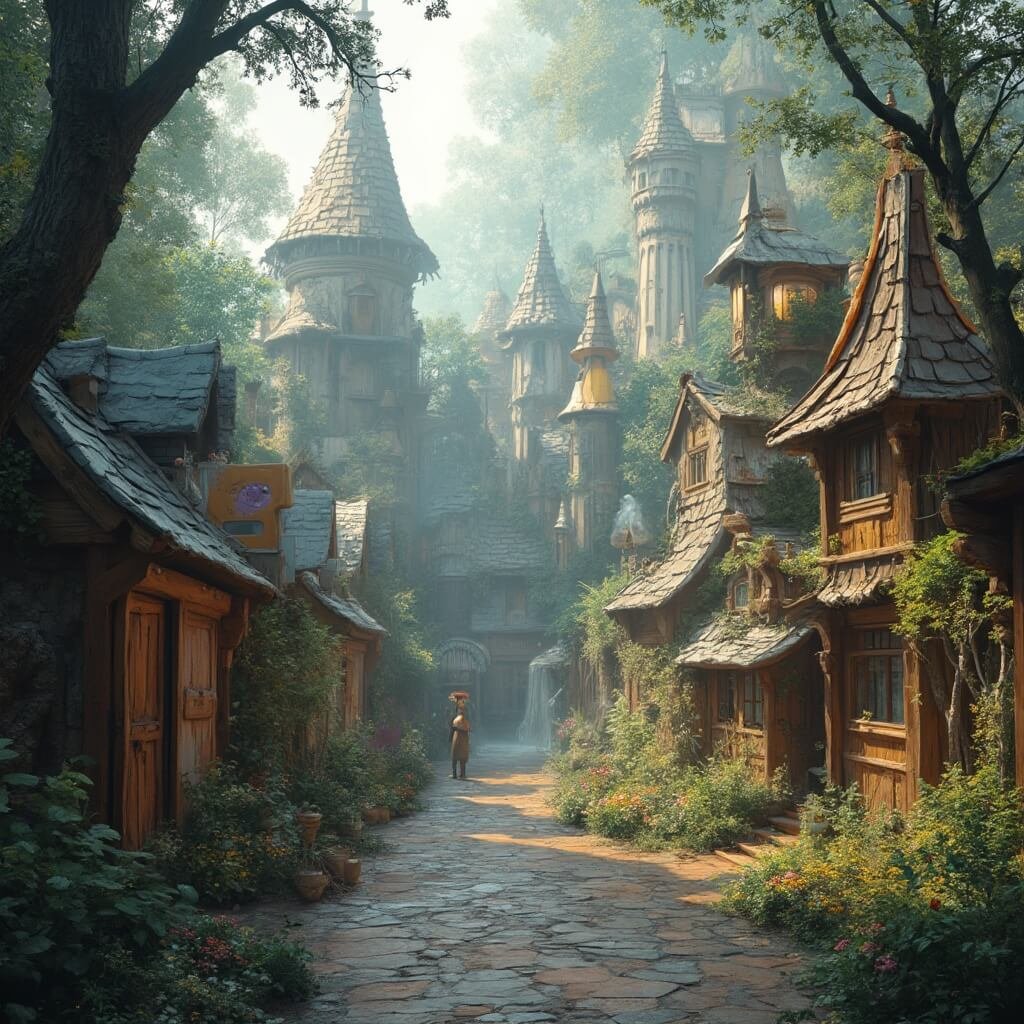 Uitstapjes Brabant: Jouw Ultieme Gids voor Onvergetelijke Avonturen in het Zuiden! Betoverend sprookjesthema park met houten sprookjesfiguren, magische bospaden, fantasierijke architectuur, zachte mistige sfeer, levendige kleuren, gedetailleerd fantasielandschap in verhaalstijl, geïnspireerd door Efteling, zonder zichtbare mensen.