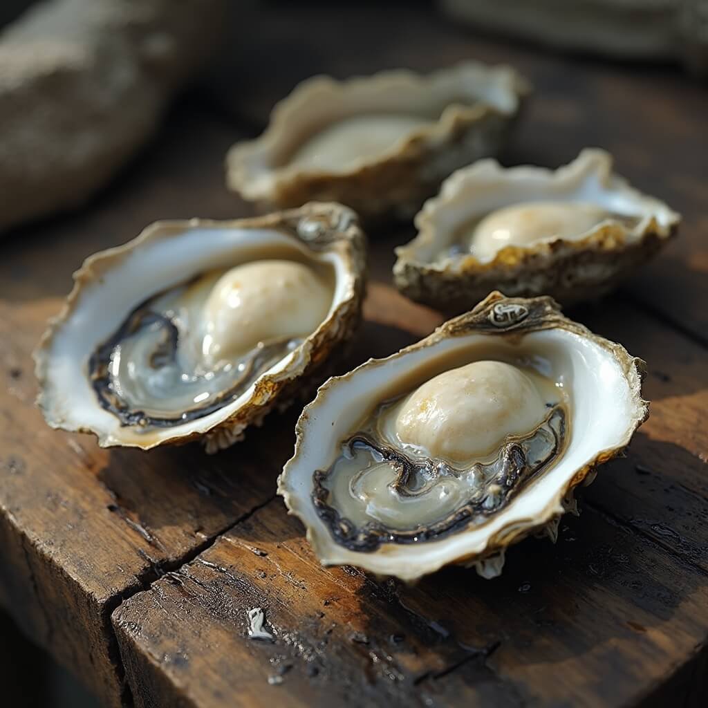 Leuke dingen om te doen in Zeeland: Jouw Ultieme Vakantiegids! Photorealistische afbeelding van vers geoogste oesters op een ruwe houten tafel met zeewaterdruppels, op de achtergrond een rustiek vissersdorp, zachte natuurlijke verlichting, close-up weergave van de intrigerende schelptexturen en parelachtige binnenoppervlakken.