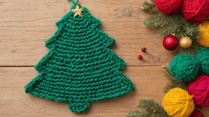 Close-up van een half voltooide gehaakte kerstboom in smaragdgroen garen op een eiken houten tafel, omringd door kleurrijke wolbollen en glanzende haaknaalden, met een vintage schaar en antieke stopnaalden in een rieten mandje, verlicht door natuurlijk ochtendlicht voor een warme Scandinavische sfeer.