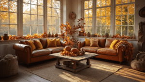 Herfst Knutselen: Creëer Magische Momenten met Natuurlijke Materialen A cozy Dutch living room during golden hour, featuring large windows with falling autumn leaves. The rustic wooden coffee table is adorned with artisanal fall crafts, while a cognac leather sofa with terracotta and mustard yellow cushions anchors the space. Natural light casts shadows across warm oak flooring, complemented by vintage copper accessories and handmade decorations.