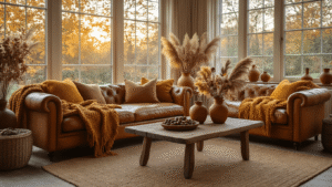 Herfstdecoratie: Transformeer Je Huis in een Gezellig Najaarsnest A luxurious Dutch living room bathed in golden hour light, featuring a cognac leather sofa adorned with rust and mustard yellow chunky knit throws, a vintage wooden coffee table with dried chestnuts and acorns, terracotta vases with pampas grass and eucalyptus, and a textured jute rug in earthy tones, all highlighting warm autumnal colors and cozy, intimate ambiance.