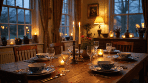 Profiel van een Succesvolle Nederlandse Ondernemer Warme Nederlandse eetkamer op een winteravond met eiken tafel, Delfts blauw servies, kaarslicht, open haard en eclectische stoelen, benadrukt door sfeervolle verlichting en textuurcontrast.