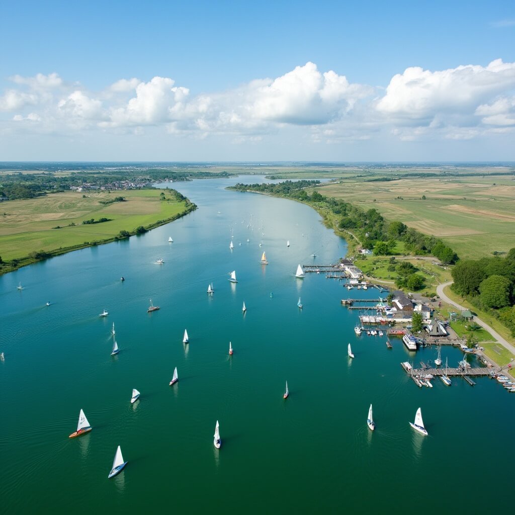 Leuke dingen om te doen in Zeeland: Jouw Ultieme Vakantiegids! Aerial view of Grevelingenmeer lake in Zeeland featuring turquoise waters with sailboats and paddleboarders, surrounded by green polders and farmland, small marinas, and cyclists on scenic paths under a sunny sky with fluffy clouds.