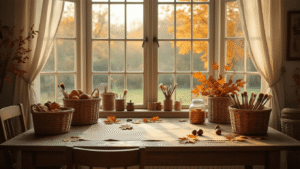 Herfst Knutselen met Kinderen: Magische Creatieve Momenten Cozy Dutch craft corner featuring a vintage wooden table with autumn materials, large windows allowing soft afternoon sunlight, and warm earthy colors, creating a serene and inviting atmosphere.