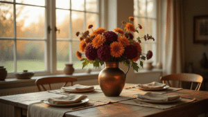 DIY Herfstbloemenarrangement: Creëer een Betoverend Najaarstafereel A rustic Dutch living room with warm morning light illuminating a wooden dining table adorned with a handcrafted autumn floral arrangement of deep orange chrysanthemums and burgundy hydrangeas in a vintage copper vase, set against a backdrop of weathered brass accents and warm beige linen placemats.
