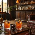 Een sfeervolle interieurfoto van een modern-rustieke cocktailhoek met een vintage trolleybar, zachte amberverlichting, kristallen glazen gevuld met herfstcocktails, en een cognackleurige lederen fauteuil, allemaal op een herringbone houten vloer met een Perzisch tapijt in diepe burgundy en amber tinten.