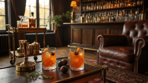 Een sfeervolle interieurfoto van een modern-rustieke cocktailhoek met een vintage trolleybar, zachte amberverlichting, kristallen glazen gevuld met herfstcocktails, en een cognackleurige lederen fauteuil, allemaal op een herringbone houten vloer met een Perzisch tapijt in diepe burgundy en amber tinten.