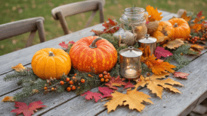 Zelf Herfstdecoraties Maken: Een Praktische Gids voor Warme en Gezellige Sferen Cinematische close-up van een rustieke eikenhouten tafel met natuurlijke herfstmaterialen, waaronder pompoenen, takken en bladeren, mooi verlicht door warm ochtendlicht.