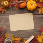 Bovenaanzicht van een warme herfst DIY werkruimte met een rustieke houten tafel, omringd door kleurrijke gedroogde bladeren, metallic geschilderde pompoenen, en diverse creatieve materialen zoals acrylverf, penselen, en jutedraad.
