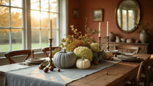 De Ultieme Gids voor het Creëren van een Betoverende Herfsttafel A cozy Dutch dining room bathed in golden hour light, featuring a massive oak table adorned with a textured grey linen cloth, white and sage green heirloom pumpkins, dried hydrangeas, eucalyptus branches, antique copper candlesticks with ivory candles, and scattered acorns and chestnuts, against warm rust-colored walls and a vintage brass mirror, evoking a hygge aesthetic.
