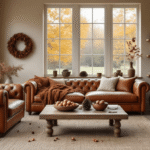 A cozy Dutch contemporary living room in autumn, featuring a vintage cognac leather sofa, hand-knitted throws in rust and amber tones, and a robust oak coffee table adorned with chestnuts, pinecones, and dried oak leaves. The space is illuminated by soft natural light from large windows, highlighting warm beige walls and wooden floating shelves decorated with ivory candles and ornamental pumpkins. The scene captures a moody, cinematic atmosphere with deep shadows and a golden hour glow.