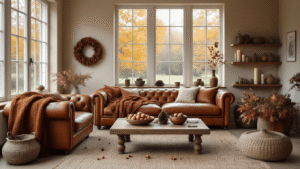 A cozy Dutch contemporary living room in autumn, featuring a vintage cognac leather sofa, hand-knitted throws in rust and amber tones, and a robust oak coffee table adorned with chestnuts, pinecones, and dried oak leaves. The space is illuminated by soft natural light from large windows, highlighting warm beige walls and wooden floating shelves decorated with ivory candles and ornamental pumpkins. The scene captures a moody, cinematic atmosphere with deep shadows and a golden hour glow.