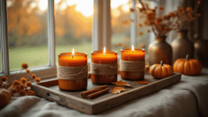 DIY Herfst Kaarsen: Creëer Magische Herfstsferen in Je Eigen Huis Photorealistic image of handmade autumn candles with pressed leaves and cinnamon sticks on a rustic wooden tray, bathed in warm late afternoon sunlight streaming through large windows, featuring a cozy modern Dutch interior with deep orange, burgundy, and gold hues, vintage brass accents, and styled with dried flowers and small pumpkins, showcasing hyperrealistic details and atmospheric lighting.