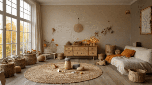 Herfst Knutselen met Peuters: Creatief en Leerzaam Plezier Peuters knutselen met natuurmaterialen in een gezellige woonkamer, omringd door kastanjes, bladeren en kleurrijk papier onder warme herfstzonnestralen.