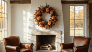 Hoe maak je een prachtige herfstkrans: Een stap-voor-stap handleiding Cinematically lit handcrafted autumn wreath in a rustic Dutch farmhouse, featuring dried hydrangeas, oak leaves, and pine cones above a weathered limestone fireplace, with warm sunlight casting shadows on whitewashed walls.
