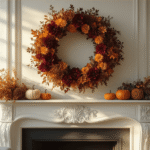 Photorealistic interior shot of a Dutch living room featuring a luxurious autumn wreath on an antique white fireplace, with warm golden hour light streaming through tall windows, highlighting muted earth tones and rich textures.