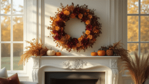 Photorealistic interior shot of a Dutch living room featuring a luxurious autumn wreath on an antique white fireplace, with warm golden hour light streaming through tall windows, highlighting muted earth tones and rich textures.