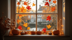 DIY Herfst Raamdecoratie: Toverkracht voor je Ramen deze Herfst! Photorealistic interior of a modern Dutch window display featuring handcrafted autumn decorations, illuminated by morning light filtering through tinted glass, with transparent orange and red leaf shapes, a vintage wooden windowsill adorned with small pumpkins and LED string lights, warm autumn tones contrasted with cool daylight, shot with cinematic depth of field and warm color grading.