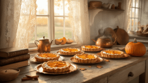 DIY Herfst Taartjes: Creëer Magische Herfsttaferelen in Je Eigen Keuken A cozy Dutch farmhouse kitchen at dawn, featuring freshly baked mini autumn tarts on a rustic wooden table, with warm golden light filtering through lace curtains and decorative fall elements surrounding the scene.