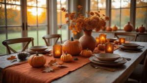 DIY Herfsttafeldecoratie: Creëer een Warme Herfstsfeer in Huis Een fotorealistisch interieur van een gezellige eetkamer, met een massieve eiken tafel bedekt met een terracotta tafellaken, gouden zonlicht dat door de ramen valt, verspreide kleine oranje pompoenen, gedroogde hortensia's, amberkleurige kandelaars, aardewerken vazen, gevallen herfstbladeren in warme oranje en browntinten, koperen accenten, een houten dienblad en dennenappels, alles samen in een warme, sfeervolle opstelling met zachte schaduwen en een moody compositie.