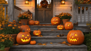 DIY Pompoenversiering voor Buiten: Creatieve Herfstmagie in je Tuin A photorealistic depiction of a Dutch countryside porch at golden hour, featuring intricately arranged DIY and wooden carved pumpkins on rustic wooden steps, illuminated by natural and LED lighting, with warm copper lanterns, seasonal flowers, and falling autumn leaves, all captured from a low angle to emphasize a cozy autumn atmosphere.