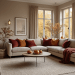 Fotorealistische weergave van een luxe, sfeervolle woonkamer in herfststijl met warme verlichting, een moderne L-vormige bank, texturen zoals kasjmier en fluweel, decoraties met pompoenen, dennenappels en herfstbladeren, en een rijke kleurenpalet van bordeaux, mosgroen en oranje.