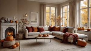 Fotorealistische weergave van een luxe, sfeervolle woonkamer in herfststijl met warme verlichting, een moderne L-vormige bank, texturen zoals kasjmier en fluweel, decoraties met pompoenen, dennenappels en herfstbladeren, en een rijke kleurenpalet van bordeaux, mosgroen en oranje.