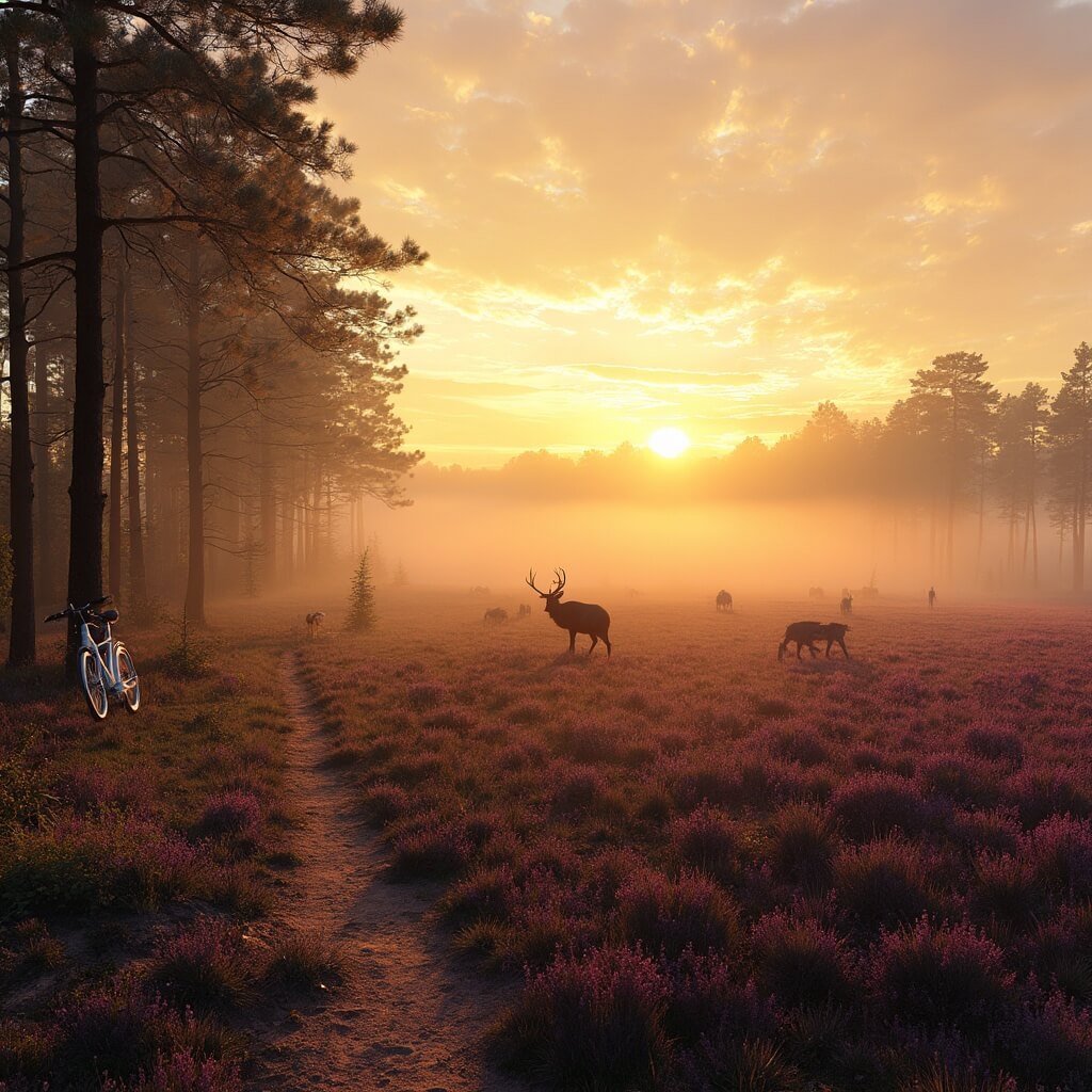 Uitstapjes Gelderland: Jouw Ultieme Gids voor Onvergetelijke Avonturen A stunning sunrise in Hoge Veluwe National Park featuring vast purple heather fields, grazing red deer, silhouetted pine trees, white bicycles on a sandy path, and wild boar in misty undergrowth.