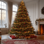 Photorealistic interior of a Dutch living room during golden hour, featuring a majestic 2.5-meter noble fir Christmas tree decorated with vintage red and gold ornaments, warm LED lights, handcrafted Dutch ornaments, and silver tinsel, alongside a classic fireplace. High ceilings, large windows with sheer curtains, wooden floors, a vintage Persian rug, and leather armchairs, captured in 8K ultra HD with warm color grading and detailed textures.
