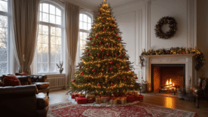 Photorealistic interior of a Dutch living room during golden hour, featuring a majestic 2.5-meter noble fir Christmas tree decorated with vintage red and gold ornaments, warm LED lights, handcrafted Dutch ornaments, and silver tinsel, alongside a classic fireplace. High ceilings, large windows with sheer curtains, wooden floors, a vintage Persian rug, and leather armchairs, captured in 8K ultra HD with warm color grading and detailed textures.