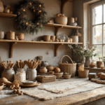 Een rustieke craftruimte met een houten werkbank vol ambachtelijke materialen voor het maken van kerstornamenten, omringd door warme ochtendverlichting en natuurlijk decor.