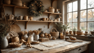 Een rustieke craftruimte met een houten werkbank vol ambachtelijke materialen voor het maken van kerstornamenten, omringd door warme ochtendverlichting en natuurlijk decor.