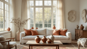 Keramiek in Huis: Tijdloze Elegantie voor Elk Interieur A bright 1930s Dutch living room with high ceilings, featuring morning sunlight streaming through bay windows with sheer linen curtains. The scene showcases a vintage oak coffee table adorned with artisanal ceramic vases, a natural linen sofa with terracotta cushions, and a vintage Persian rug. White walls display organic ceramic sculptures, accentuated by soft shadows and warm color grading. Dried pampas grass and handmade pottery in neutral tones complete the serene interior design.