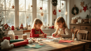 Kerst Knutselen: Magische Creatieve Momenten met Kinderen Kinderen knutselen kerststerren aan een rustieke houten tafel in een gezellig woonkamer met ochtendzon, omringd door handgemaakte versieringen en kleurrijke knutselmaterialen.