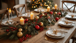 DIY Kersttafel: Creëer een Betoverende Feestelijke Sfeer in Je Eetkamer Warme, elegantere kersttafel met houten ondergrond, afgewerkt met een diepgouden tafelkleed, versierd met glanzende kerstballen, dennentakken, flikkerende kaarsen en kristallen wijnglazen, omgeven door elegante stoelen en natuurlijk daglicht.