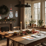 Warme verlichte woonkamer in Nederland met kersttekeningen op een donkerhouten eettafel, kleurrijke tekenmaterialen en zachte ochtendzon die dramatische schaduwen werpt, in een gezellige sfeer met aquarelverf en metallic markers.