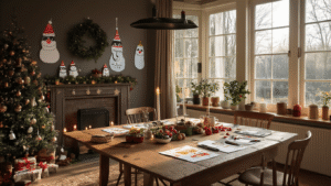 Warme verlichte woonkamer in Nederland met kersttekeningen op een donkerhouten eettafel, kleurrijke tekenmaterialen en zachte ochtendzon die dramatische schaduwen werpt, in een gezellige sfeer met aquarelverf en metallic markers.
