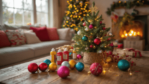 DIY Kerstballen Versieren: Maak Je Eigen Unieke Kerstversiering Creatieve kerstbal-decoratie materialen op een rustieke houten eettafel, omgeven door warm, zacht licht in een Nederlandse woonkamer tijdens het gouden uur.