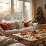 Warme Nederlandse woonkamer tijdens het gouden uur, met een rustieke houten salontafel vol kerstknutselmaterialen en voltooide projecten zoals sokken-sneeuwpoppen en wc-rol rendieren; sfeervolle setting met zachte verlichting, comfortabele bank en een open haard.