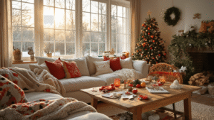 Zelfgemaakte Kerst Knutsels: Creëer Magische Momenten met Je Familie Warme Nederlandse woonkamer tijdens het gouden uur, met een rustieke houten salontafel vol kerstknutselmaterialen en voltooide projecten zoals sokken-sneeuwpoppen en wc-rol rendieren; sfeervolle setting met zachte verlichting, comfortabele bank en een open haard.