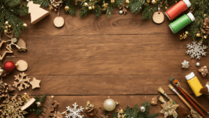 Houten Kerst Knutselen: Creëer Magische Kerstdecoraties met Hout Bovenaanzicht van een rustieke houten tafel met kerstknutselmaterialen: houten schijfjes, acrylverf, penselen, glitters en half voltooide kerstdecoraties, omgeven door warme verlichting en dennentakjes.