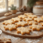 Rustiek houten werkblad vol met versgebakken sterren- en kerstboomvormige koekjes met glanzend wit glazuur en kleurrijke sprinkles, omringd door ingrediënten en bakgerei in een gezellige, lichte Nederlandse keuken.