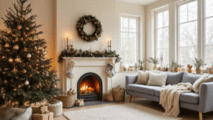 Kerstmis Knutselen met Peuters: Magische Momentjes van Creativiteit Gezellige Nederlandse huiskamer met kerstdecoraties, handgemaakte knutselwerkjes van peuters, een grote kerstboom met warme lichtjes en creatieve materialen op een vintage salontafel.