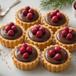 Een moderne Nederlandse design keuken met een betonlook werkblad, perfect gestileerde DIY kersttaartjes met chocoladeganache, kersen en rozemarijn, verlicht door warme ochtendzon met een sfeervolle ambachtelijke uitstraling.