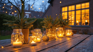 DIY Kerstverlichting Buiten: Je Tuin Transformeren in een Winterwonderland Een sfeervolle achtertuin tijdens het blauwe uur met LED-lichtsnoeren om dennentakken en glazen weckpotten vol met flikkerende kaarsen op een verweerde houten tafel, met een traditioneel bakstenen huis op de achtergrond en warme raamverlichting.