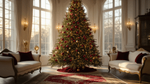 Kerstboomversieringen: Jouw Ultieme Gids voor een Sprookjesachtige Feestsfeer A grand 2.5m Christmas tree adorned with intricate glass and crystal ornaments in deep red and gold stands in a luxurious Dutch living room, bathed in warm golden hour light. The scene features a cream linen sofa with burgundy velvet cushions, an antique Persian rug, and vintage brass side table, all captured in photorealistic detail.